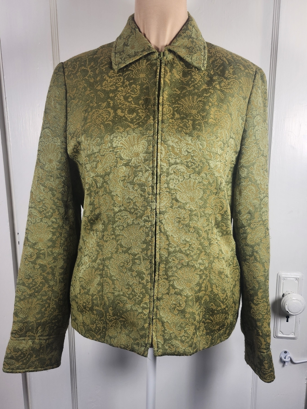 Vtg 90s RAFAEL Sz 14 Olive Green Brocade Zip Jacket